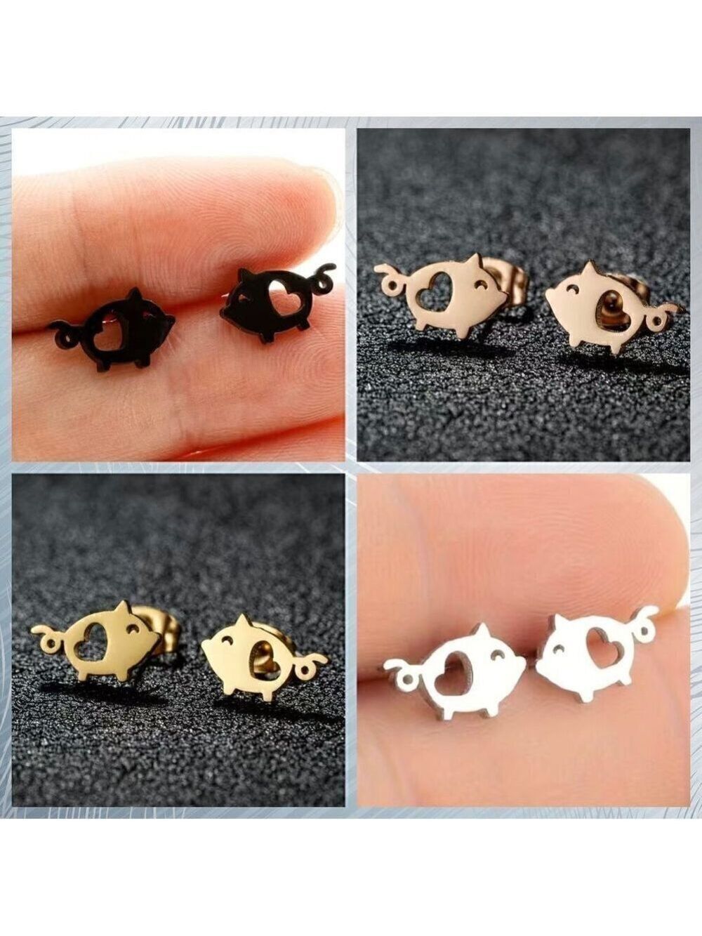 Little Pigs and Hearts Stainless Steel Stud Earrings #1211